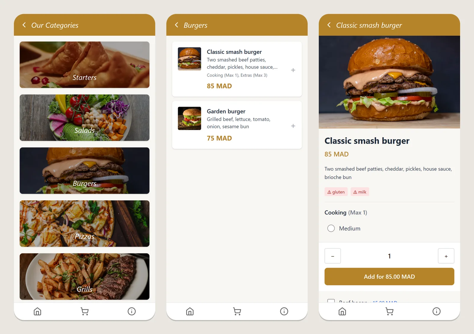 Multi-tenant SaaS with Spring Boot in practice: the MenuApp public menu on a phone, with categories, a category list and an item